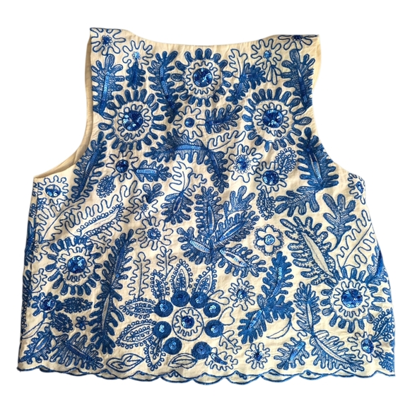 Anthropologie Moulinette Soeurs White Tank with Blue Floral Embroidery Size 2 - Picture 2 of 9